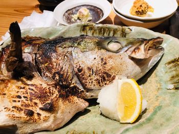 High angle view of fish on table japan sakana lemon izakaya fish