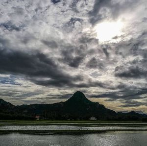 Scenic view of lake against cloudy sky