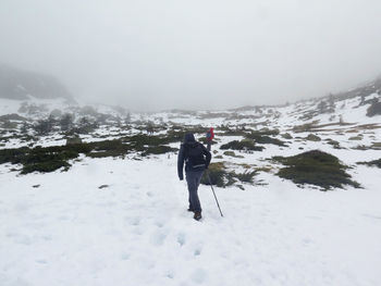 Rear view of person walking on snow covered mountain