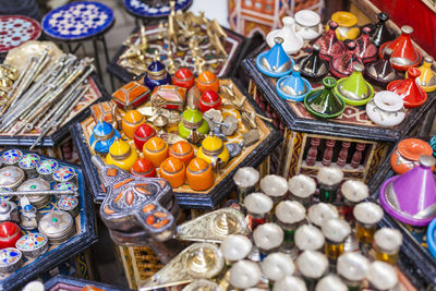 High angle view of various for sale at market stall