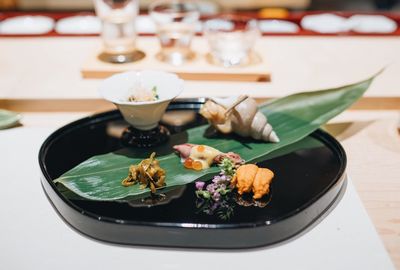 Close-up of food served on table