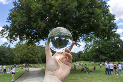 People playing with ball and trees in background