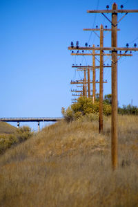 Electricity pylon on field against clear sky