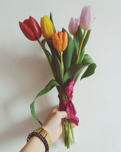 Close-up of hand holding flowers