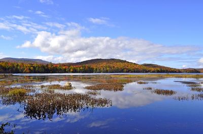 Scenic view of lake and mountains against sky