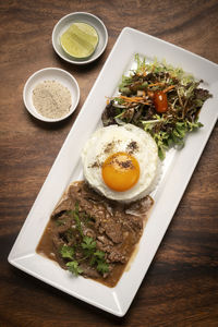 High angle view of food in plate on table