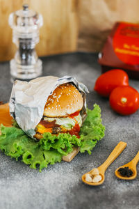 Meat burger with vegetable in tasty seasoning