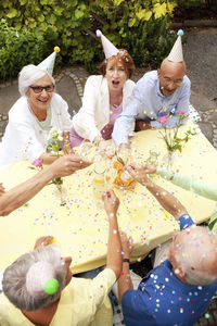 Group of seniors celebrating, drinking champagne