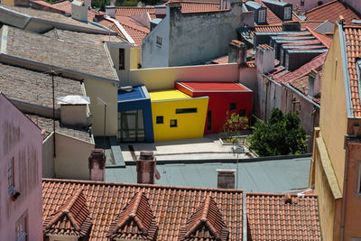 High angle view of houses in city