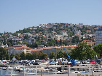 Scenic view of buildings in city against clear sky