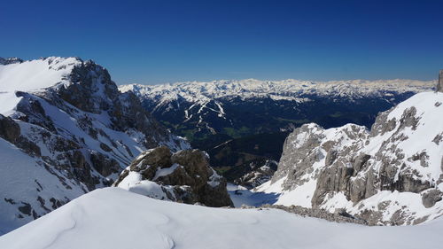 Scenic view of snowcapped mountains against clear blue sky