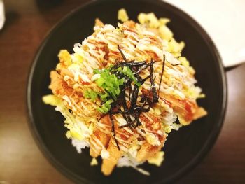 High angle view of meat in bowl