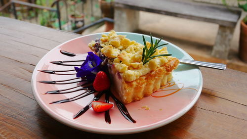 High angle view of food in plate on table