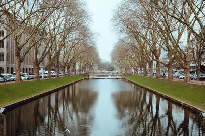 Canal amidst bare trees in park against sky