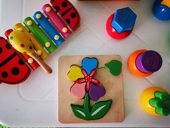 High angle view of toys on table