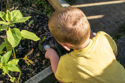 High angle view of boy playing in garden