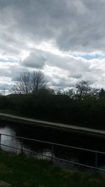 Trees on landscape against cloudy sky