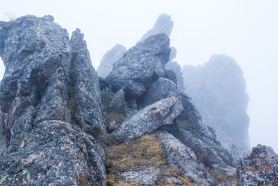 Low angle view of rock formation against clear sky