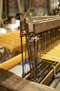 Close-up of machinery on table at factory