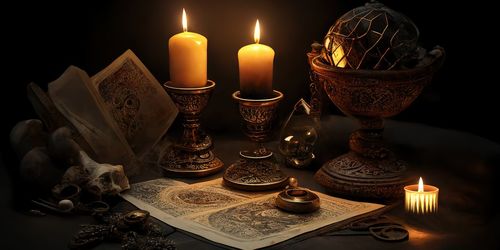 Close-up of illuminated candles on table