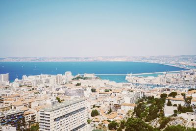 View of sea with cityscape in background
