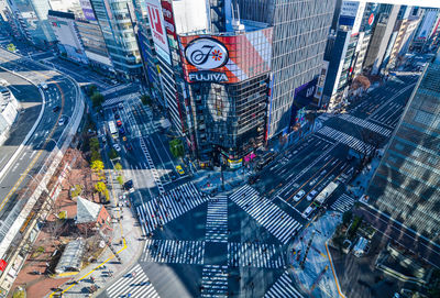 High angle view of modern buildings in city