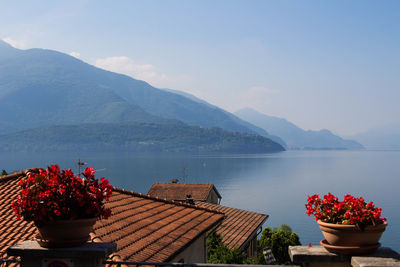 Scenic view of lake by mountains against sky