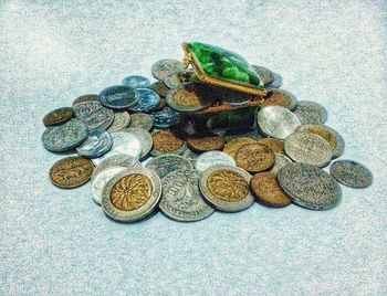 Close-up high angle view of coins