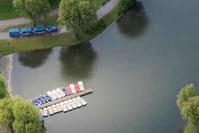 High angle view of boat floating on river