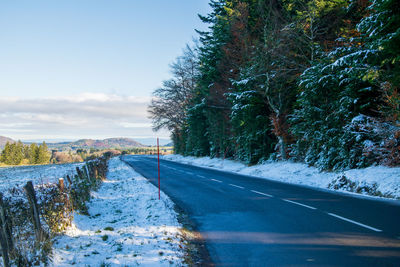 Empty road by trees against sky during winter