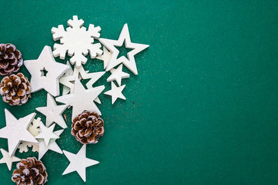 High angle view of christmas decorations on table