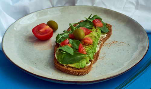 High angle view of breakfast served on table