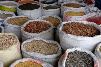 High angle view of food in sacks for sale at store