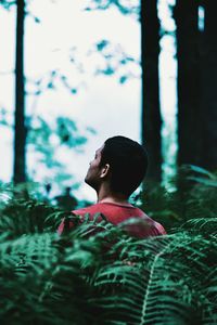 Rear view of man looking at camera