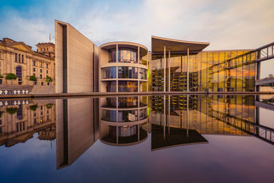 Reflection of buildings in lake against sky