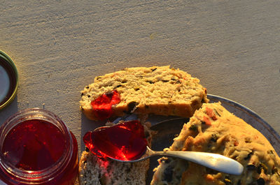 High angle view of dessert on table