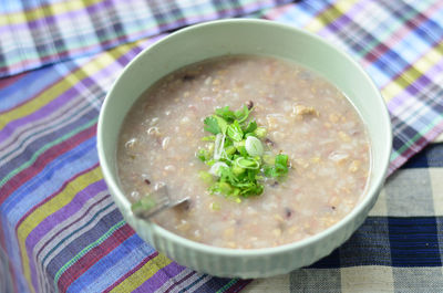 High angle view of soup in bowl