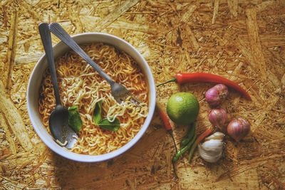 High angle view of vegetables in bowl on table