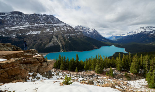 Girl enjoying the view on a hike at peyto lake, banff national park