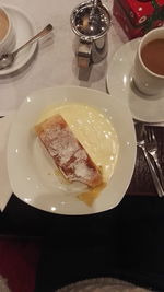 High angle view of breakfast served on table