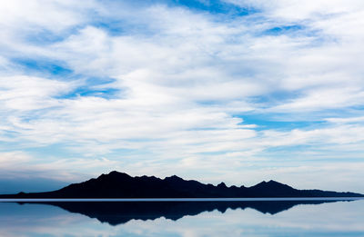 Scenic view of lake by silhouette mountain against sky