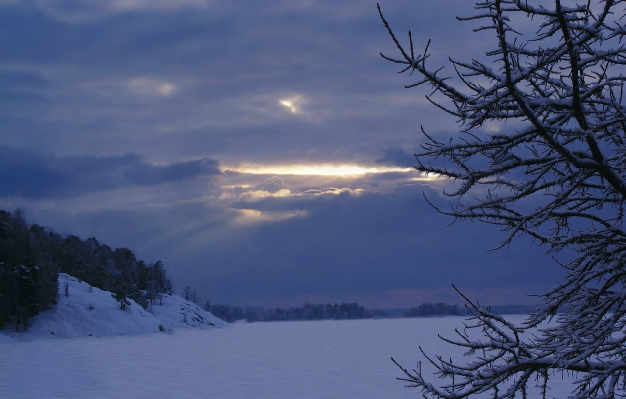 tranquility, tranquil scene, sky, winter, scenics, beauty in nature, snow, cold temperature, bare tree, cloud - sky, tree, weather, nature, sunset, silhouette, sun, cloudy, season, landscape, idyllic