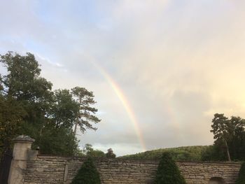 Low angle view of rainbow over trees against sky