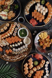 High angle view of asian food on table, sets with sishi