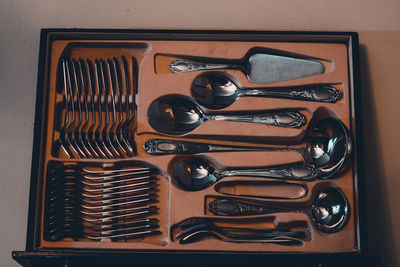 High angle view of spoons in box