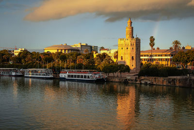 Bridge over river with buildings in background