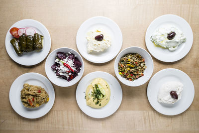 High angle view of breakfast served on table