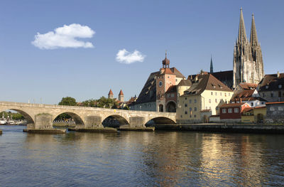 Bridge over river by buildings against sky in city