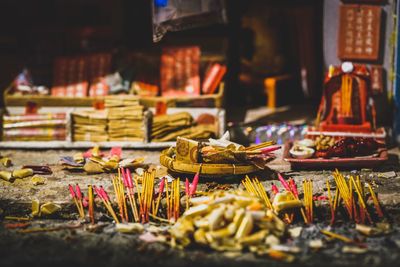 Close-up of incense in temple