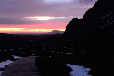 Scenic view of silhouette mountains against sky during sunset